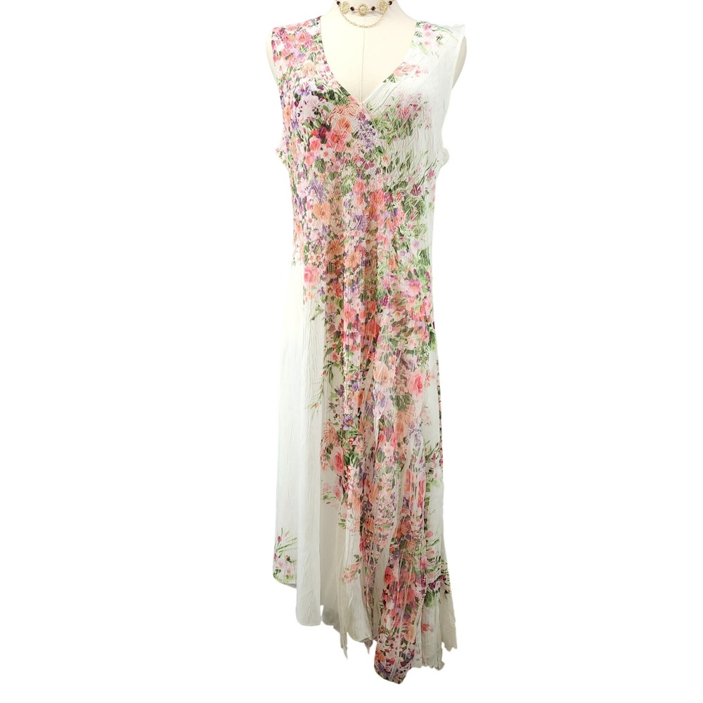 Komarov Floral Pleated Asymmetrical Hem V-Neck Midi Dress Ivory Pink Large